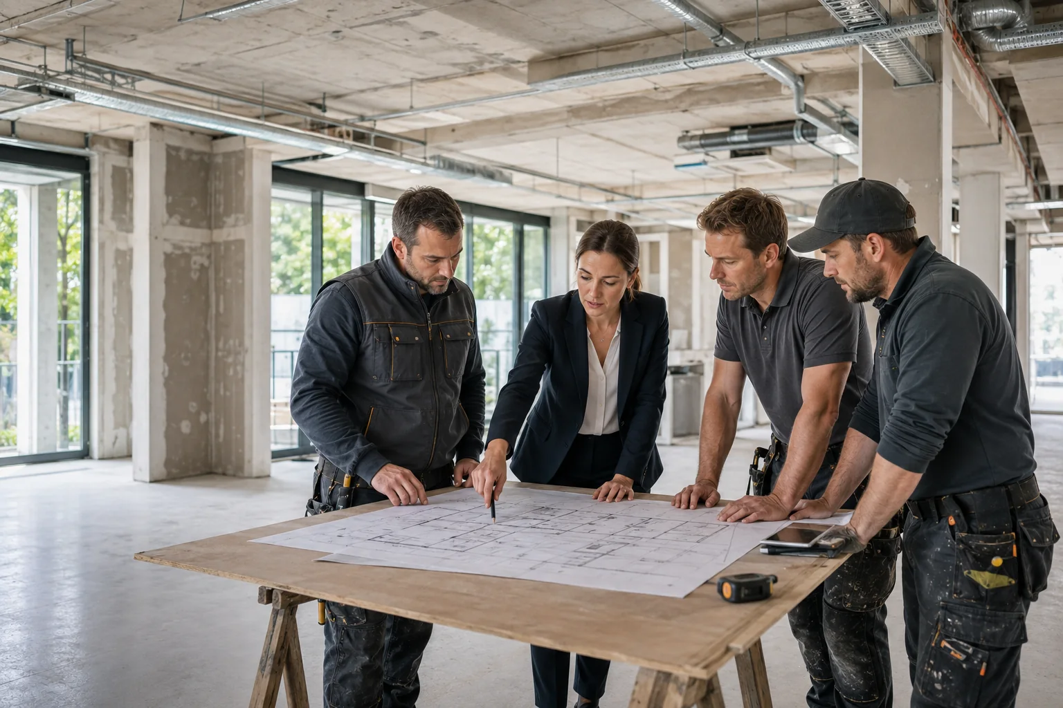 Gewerbliche Baubesprechung mit Planern und Fachbetrieben