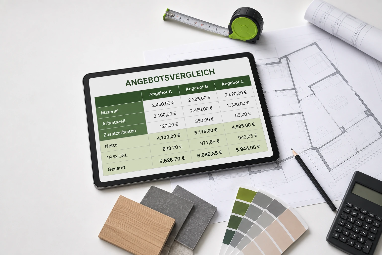 Tablet mit klarer Vergleichstabelle für drei Handwerkerangebote, Material, Arbeitszeit, Zusatzarbeiten, Netto, Umsatzsteuer und Gesamtsumme