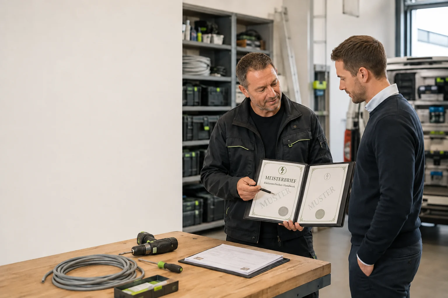 Elektriker zeigt einen deutlich als Muster gekennzeichneten Meisterbrief ohne personenbezogene Angaben