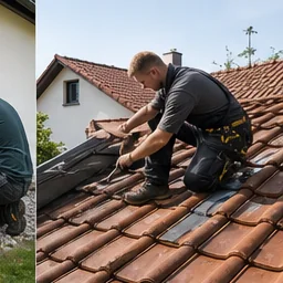 Dachdecker repariert ein Ziegeldach