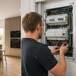 Elektriker arbeitet an einem Sicherungskasten