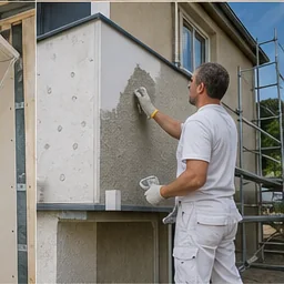 Fassadenbauer verputzt eine Außenwand