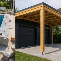 Neu gebauter Carport neben einer Garage