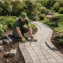Gartenbauer gestaltet einen neuen Gartenweg
