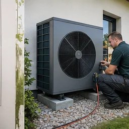 Heizungsbauer prüft eine Wärmepumpe