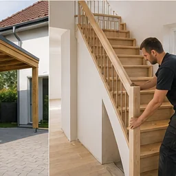 Treppenbauer montiert eine Holztreppe