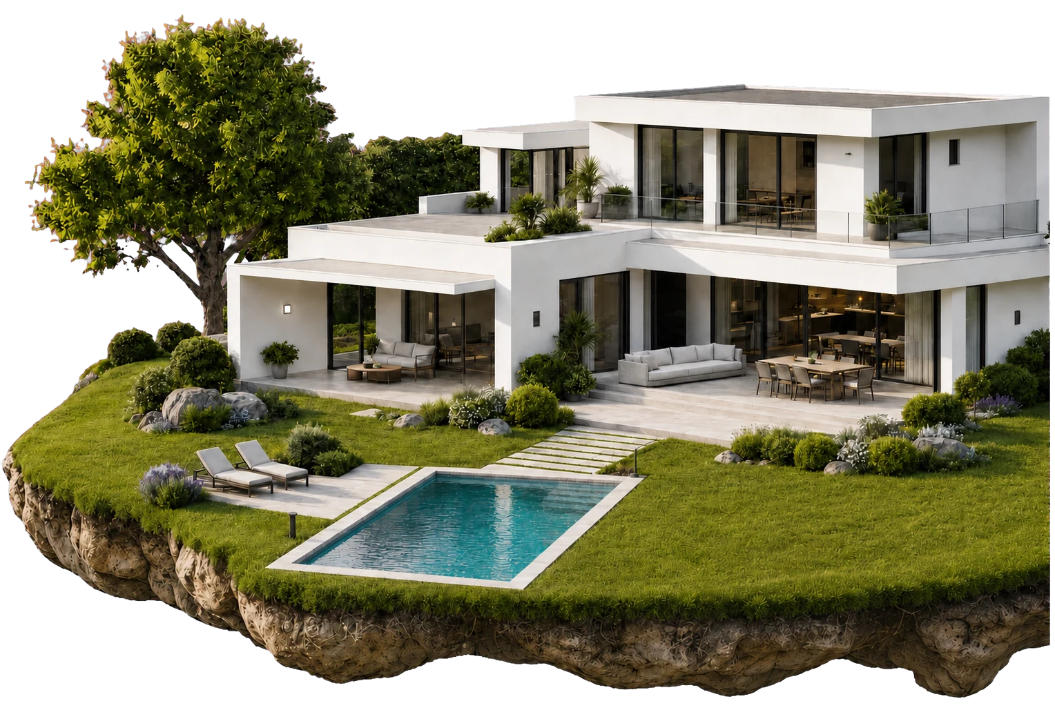 Moderne Villa mit Pool im Garten als Symbol für Projekte rund ums Zuhause